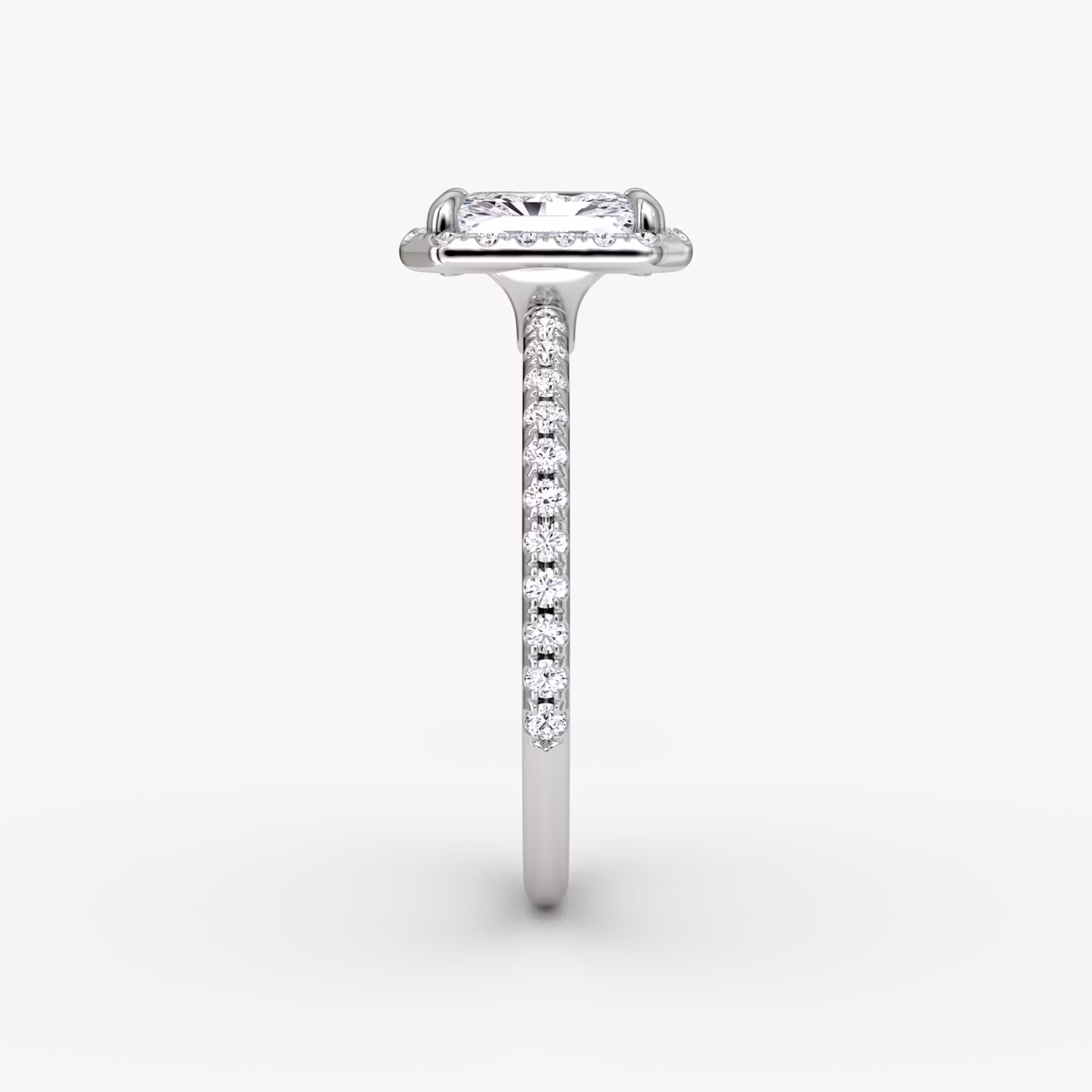 The Halo | Radiant | Platinum | bandAccent: Pavé | haloSize: original | diamondOrientation: vertical | caratWeight: other