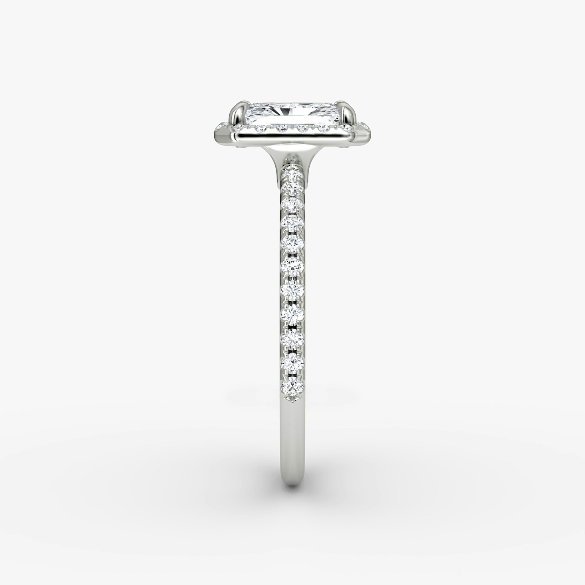 The Halo | Radiant | Platinum | bandAccent: Pavé | haloSize: original | diamondOrientation: vertical | caratWeight: other
