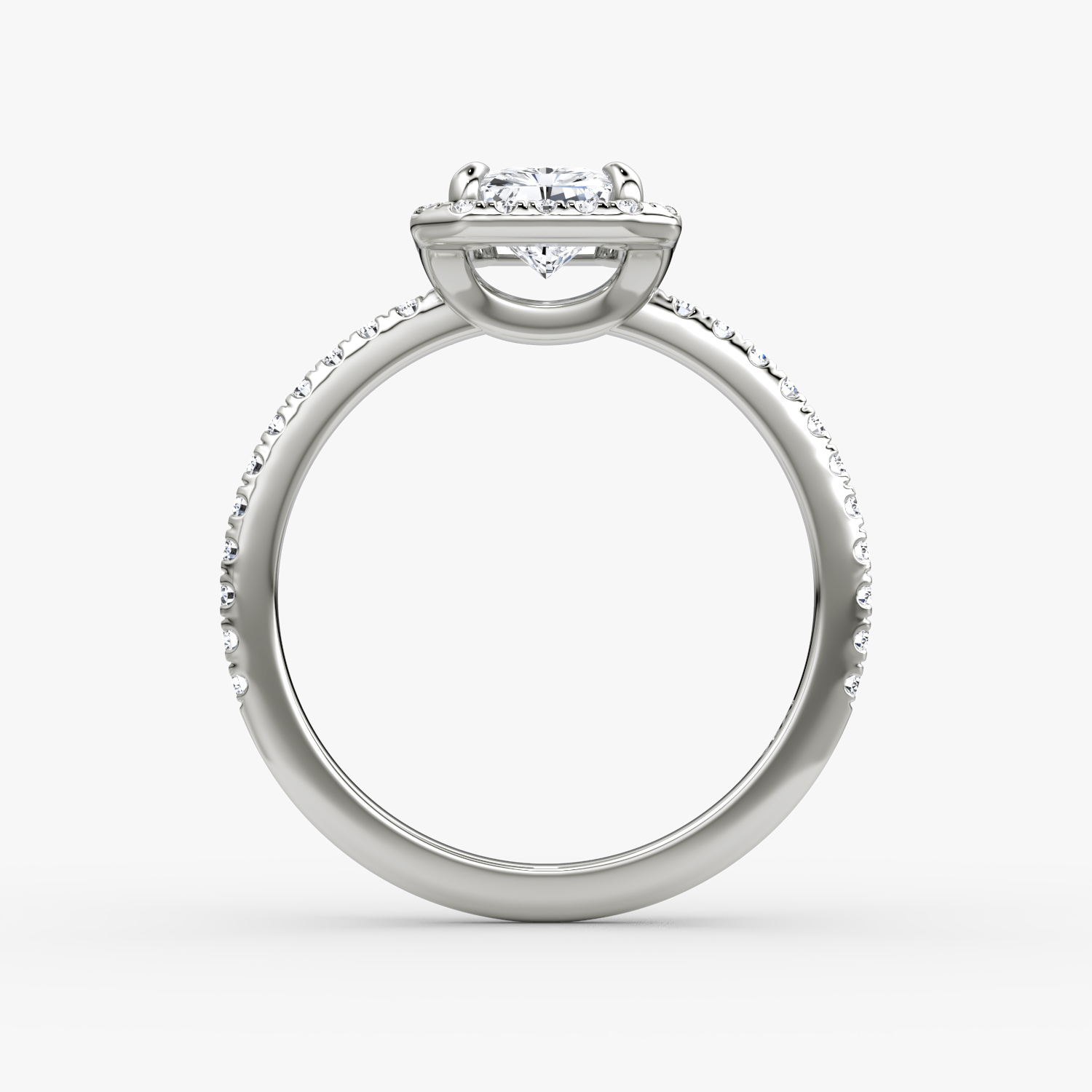 The Halo | Radiant | Platinum | bandAccent: Pavé | haloSize: original | diamondOrientation: vertical | caratWeight: other