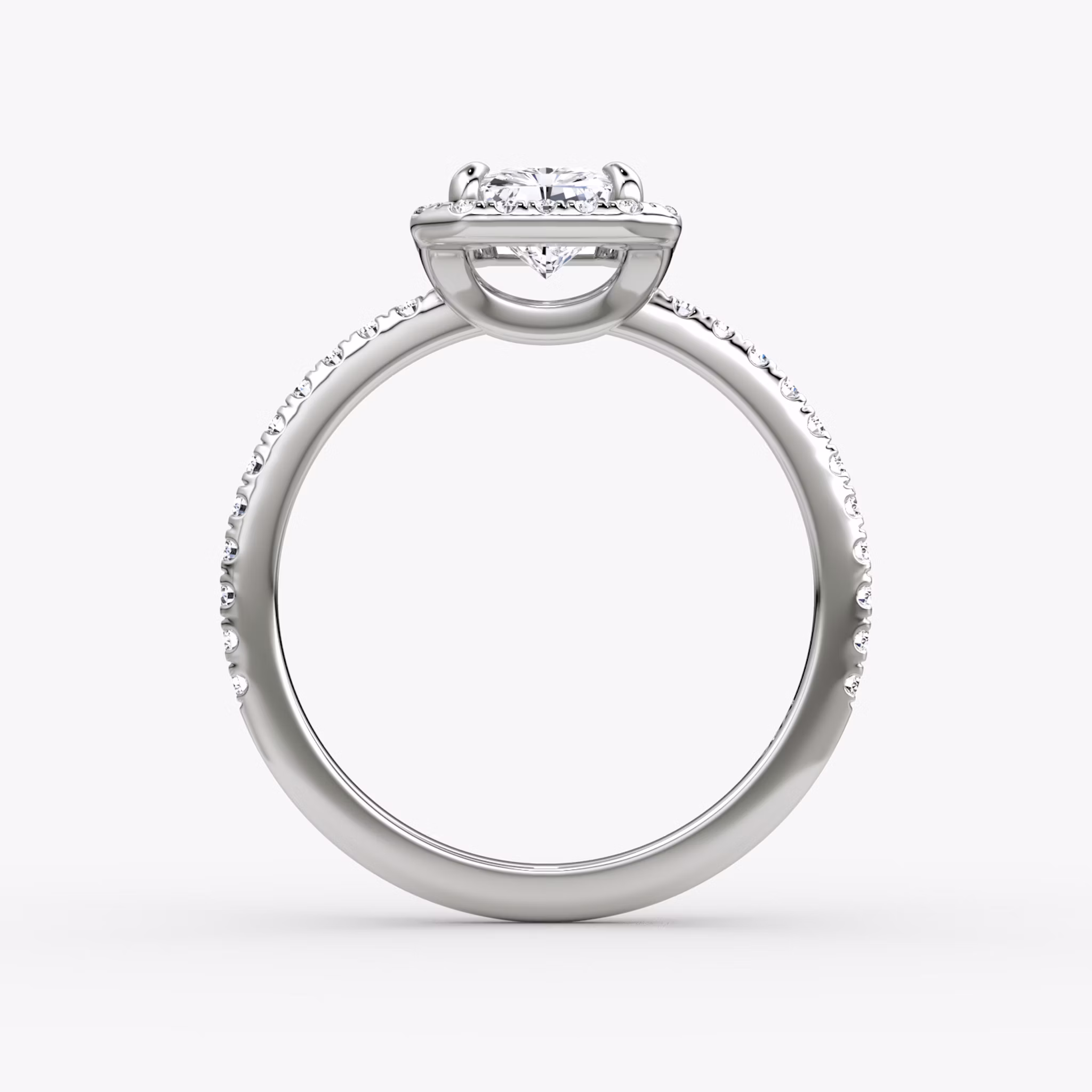 The Halo | Radiant | Platinum | bandAccent: Pavé | haloSize: original | diamondOrientation: vertical | caratWeight: other