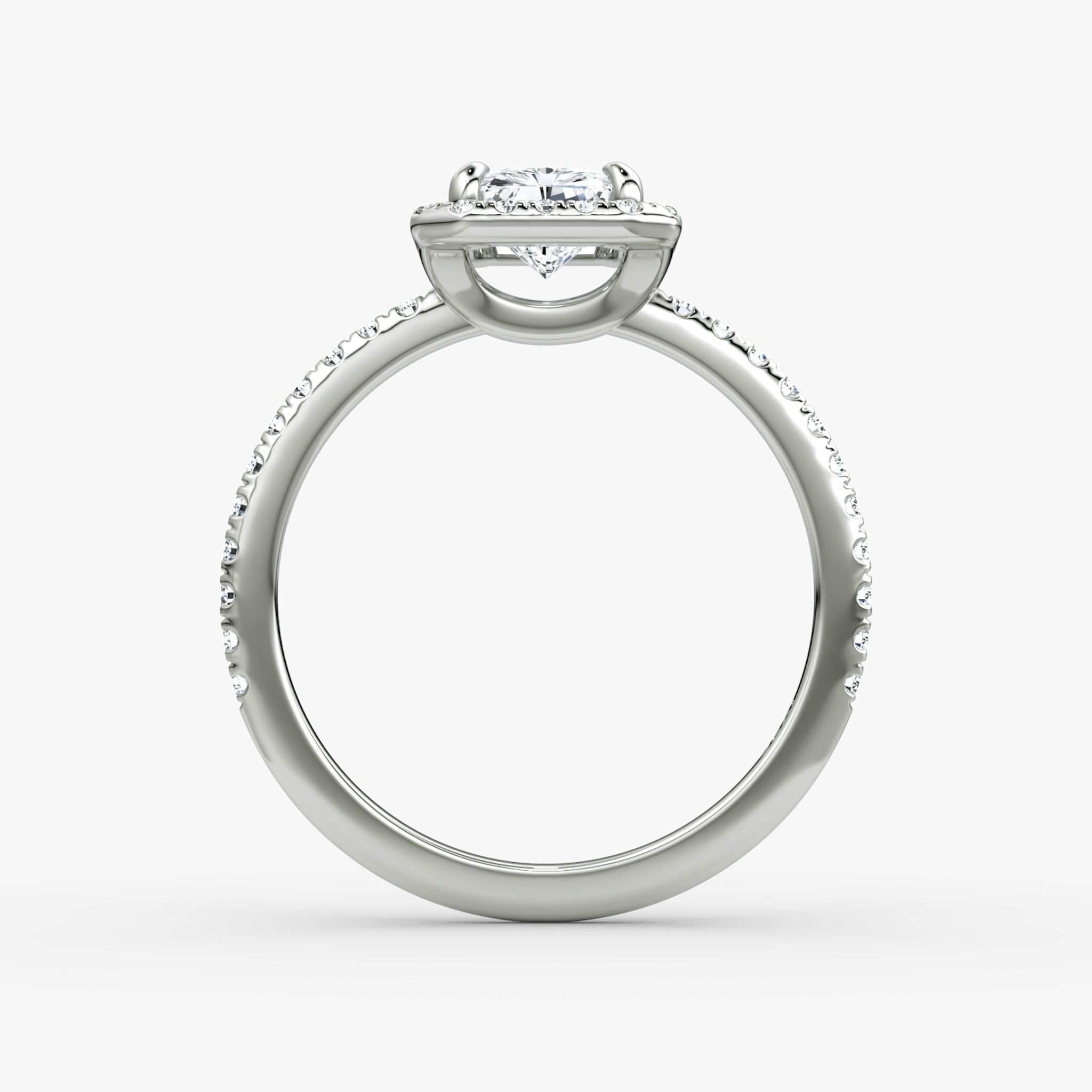The Halo | Radiant | Platinum | bandAccent: Pavé | haloSize: original | diamondOrientation: vertical | caratWeight: other