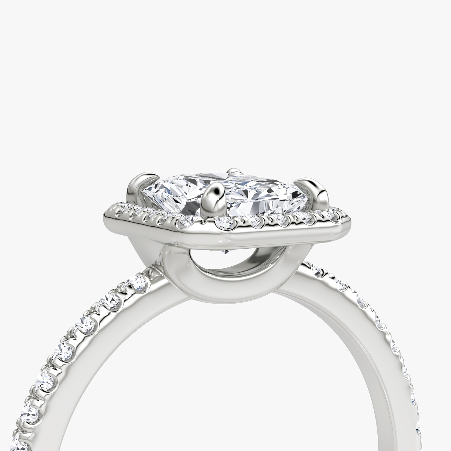 The Halo | Radiant | Platinum | bandAccent: Pavé | haloSize: original | diamondOrientation: vertical | caratWeight: other