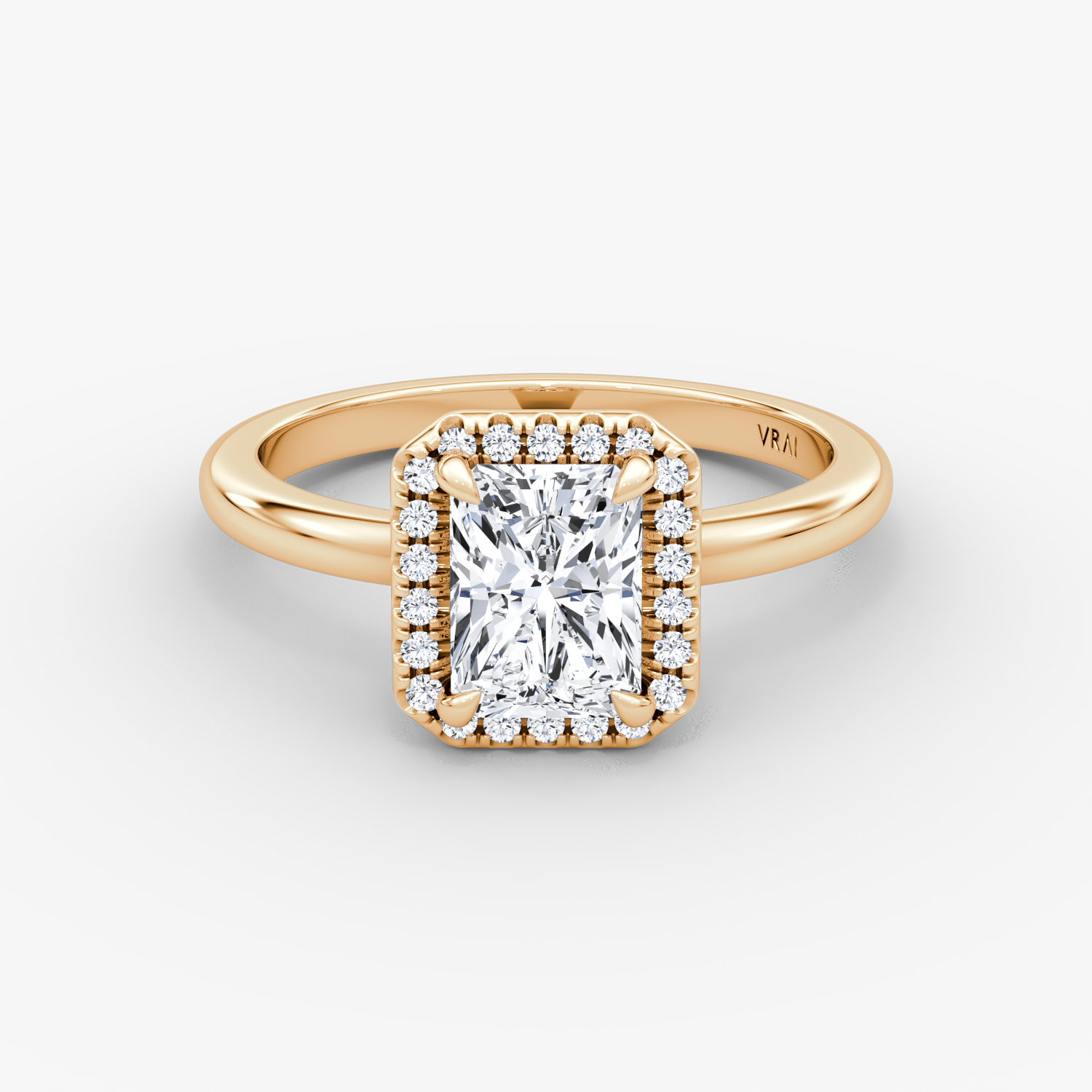 The Halo | Radiant | 14k | Rose Gold | bandAccent: Plain | haloSize: original | diamondOrientation: vertical | caratWeight: other