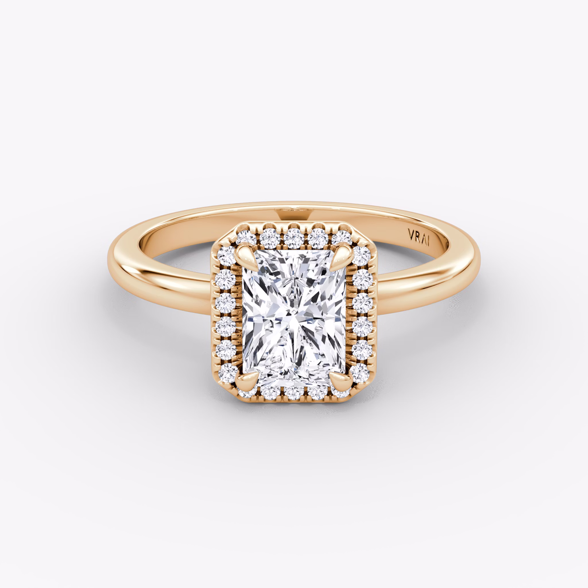 The Halo | Radiant | 14k | Rose Gold | bandAccent: Plain | haloSize: original | diamondOrientation: vertical | caratWeight: other