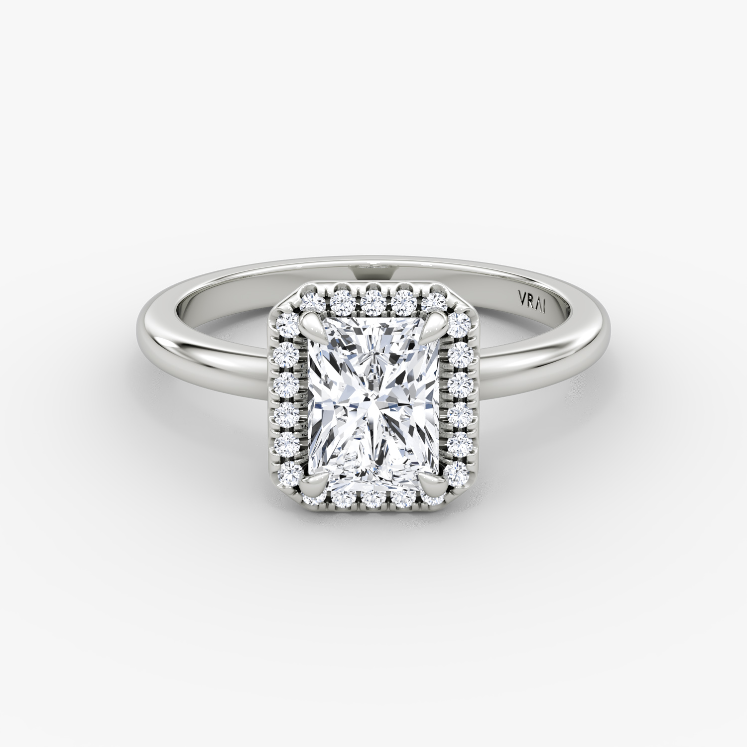 The Halo | Radiant | Platinum | bandAccent: Plain | haloSize: original | diamondOrientation: vertical | caratWeight: other