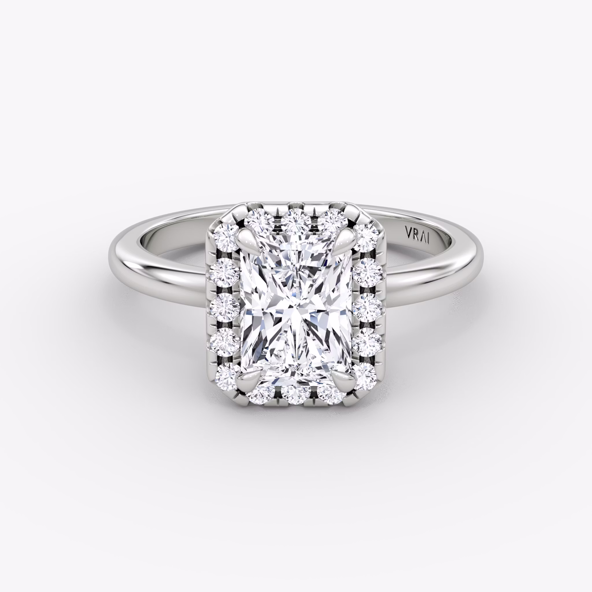The Halo | Radiant | 18k | White Gold | bandAccent: Plain | haloSize: large | diamondOrientation: vertical | caratWeight: other