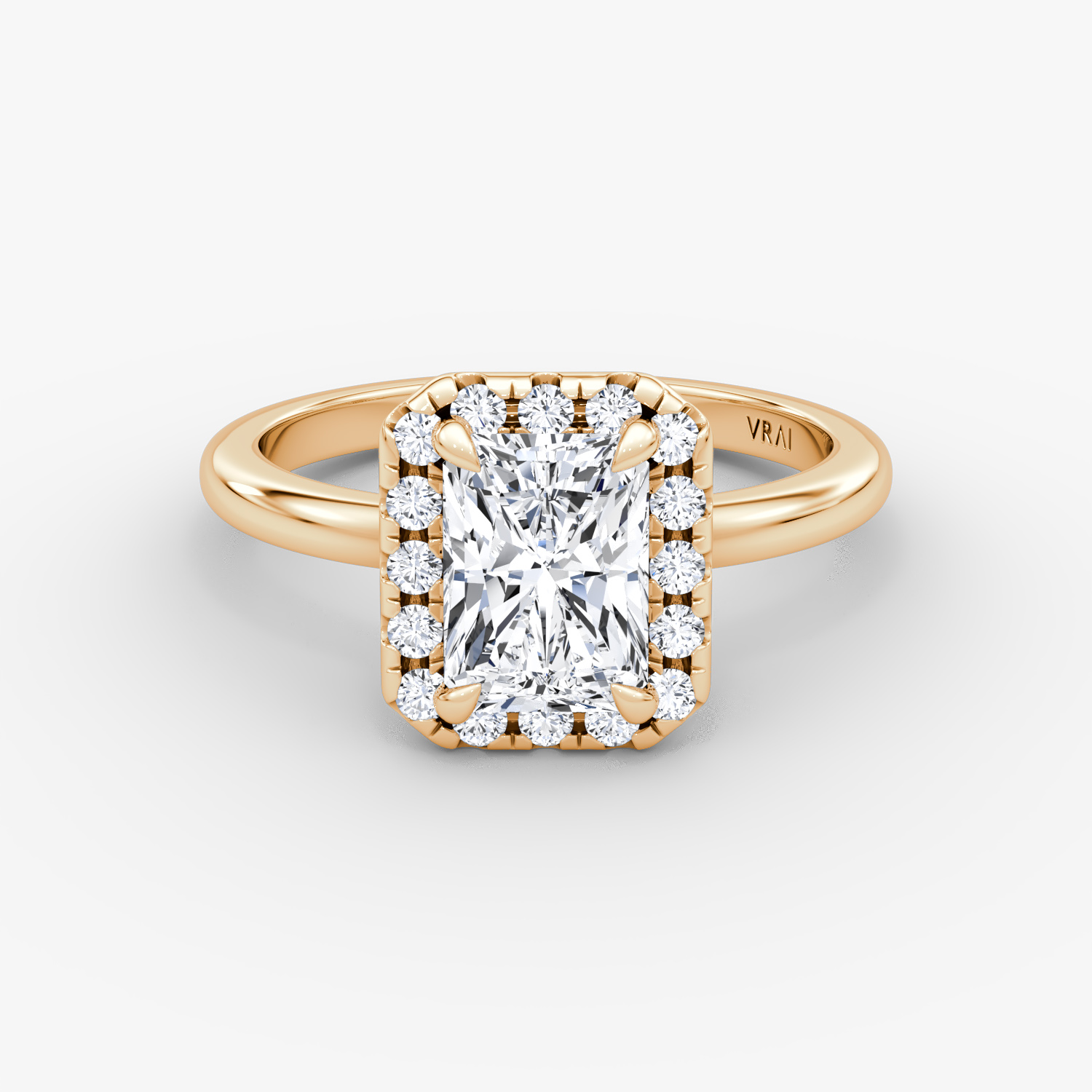 Anillo de compromiso Halo | Radiante | 14k | Oro rosa | bandAccent: Simple | haloSize: large | diamondOrientation: vertical | caratWeight: other