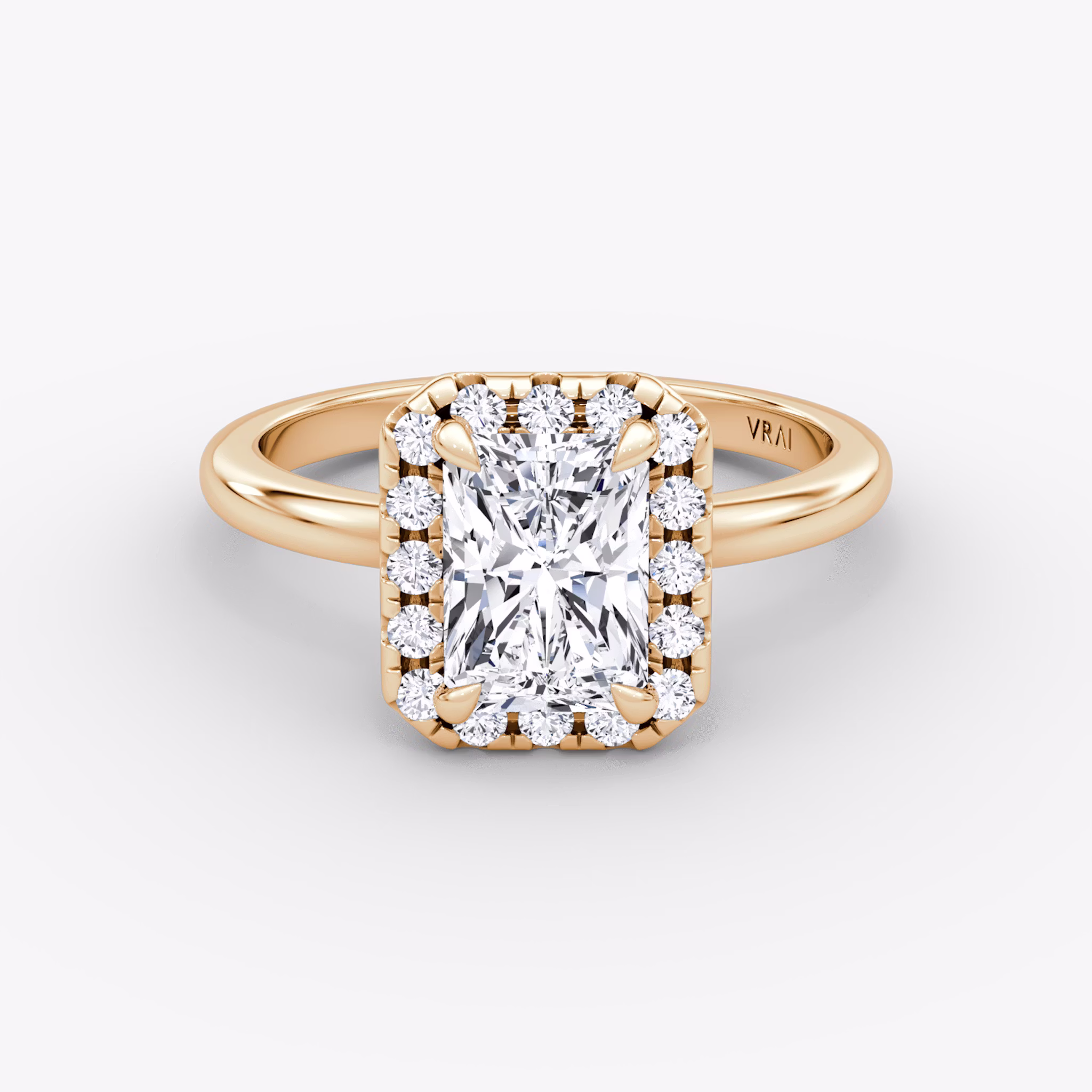 Anillo de compromiso Halo | Radiante | 14k | Oro rosa | bandAccent: Simple | haloSize: large | diamondOrientation: vertical | caratWeight: other