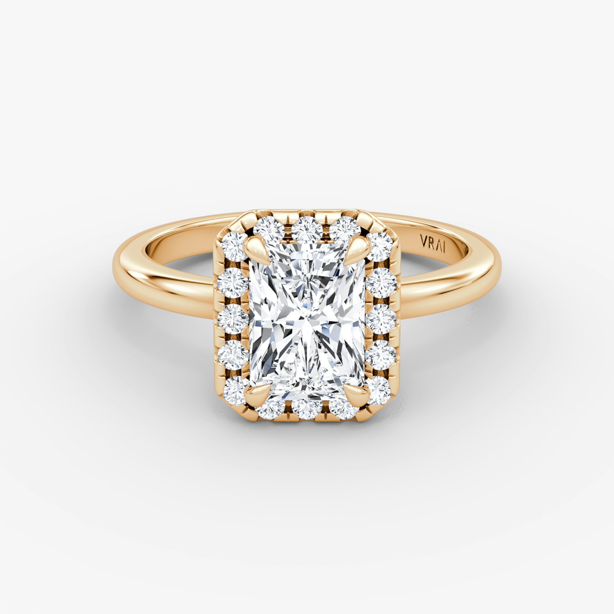 Anillo de compromiso Halo | Radiante | 14k | Oro rosa | bandAccent: Simple | haloSize: large | diamondOrientation: vertical | caratWeight: other