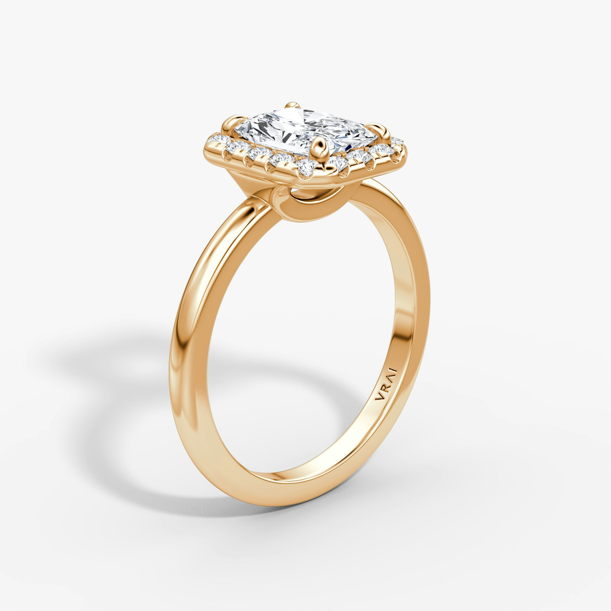 Anillo de compromiso Halo | Radiante | 14k | Oro rosa | bandAccent: Simple | haloSize: large | diamondOrientation: vertical | caratWeight: other
