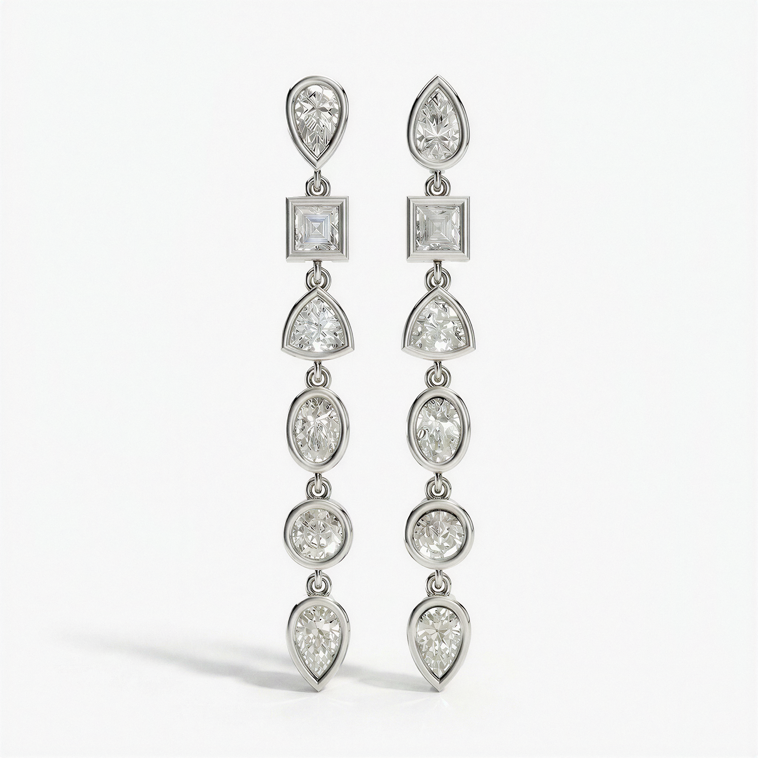 Mixed Shape Bezel Drop Earrings pear+princess+trillion+oval+round-brilliant | White Gold